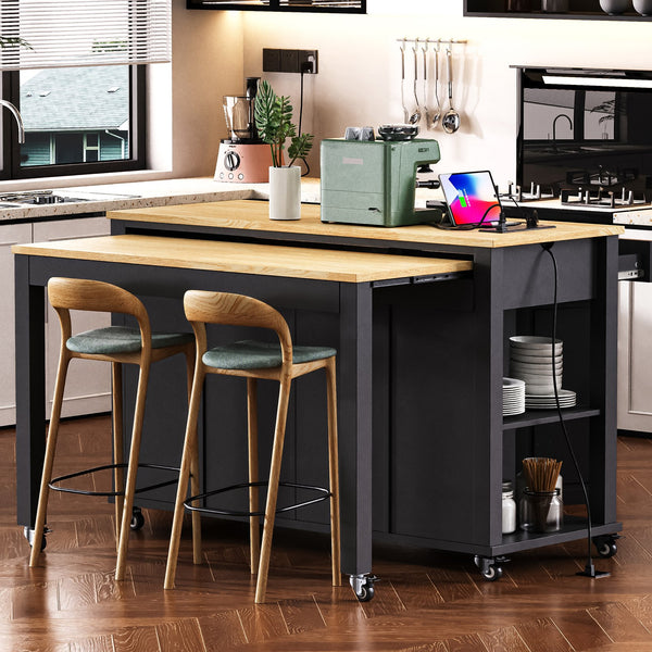 English Elm K&k Farmhouse Kitchen Island Extendable Table Rubber Wood Veneer Built-in Charging Storage Black N707S215327B