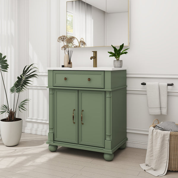 English Elm 27.8" Mid-century Freestanding Bathroom Vanity with Ceramic Sink Drawer and Wood Base Green W1801S00007