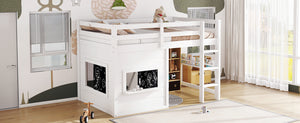 English Elm Twin Loft Bed House Frame with Sliding Chalkboard Built-in Bookshelf and Safety Rails White W1580S00319