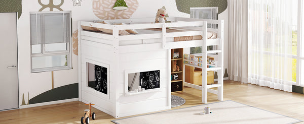 English Elm Twin Loft Bed House Frame with Sliding Chalkboard Built-in Bookshelf and Safety Rails White W1580S00319