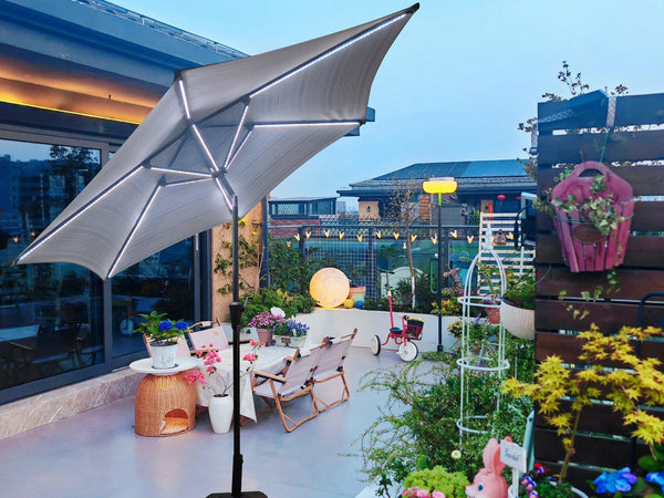 English Elm 9ft Solar Led Patio Umbrella Coastal Stripe Canopy with Uv Protection Crank Tilt Blue Striped W656P403814