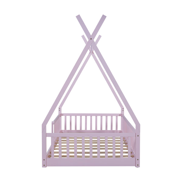 English Elm Twin House Bed with Roof and Fence for Kids – Sturdy Pine Frame, Vintage Wash Design, Safe Sleep Space Pink N709P183348H