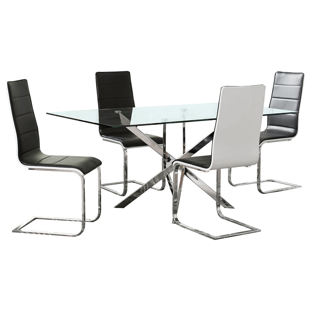 English Elm Andover Sleek 5-Piece Glass Dining Set with Chrome Sculptural Base and Black Fabric Sled Chairs B062S00815