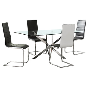 English Elm Andover Sleek 5-Piece Glass Dining Set with Chrome Sculptural Base and Black Fabric Sled Chairs B062S00815