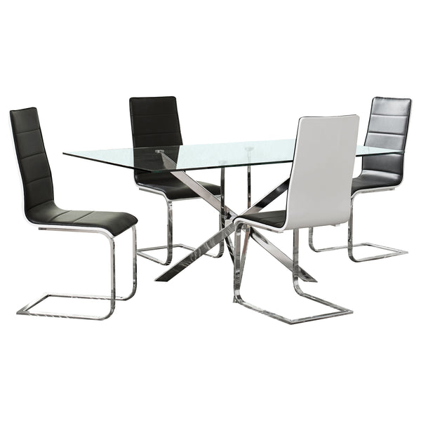 English Elm Andover Sleek 5-Piece Glass Dining Set with Chrome Sculptural Base and Black Fabric Sled Chairs B062S00815