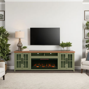 English Elm 97 Inch Fireplace Console for TVs to 100" Sage Green & Fruitwood, Electric Fireplace, Storage Space B108P160247
