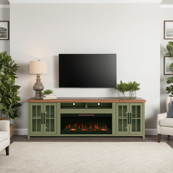 English Elm 97 Inch Fireplace Console for TVs to 100" Sage Green & Fruitwood, Electric Fireplace, Storage Space B108P160247