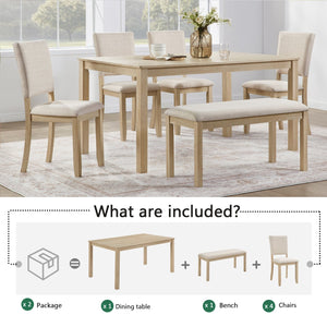 English Elm 6 Piece Rubberwood Dining Set with Bench and Linen Chairs for Transitional Kitchen W1998S00085
