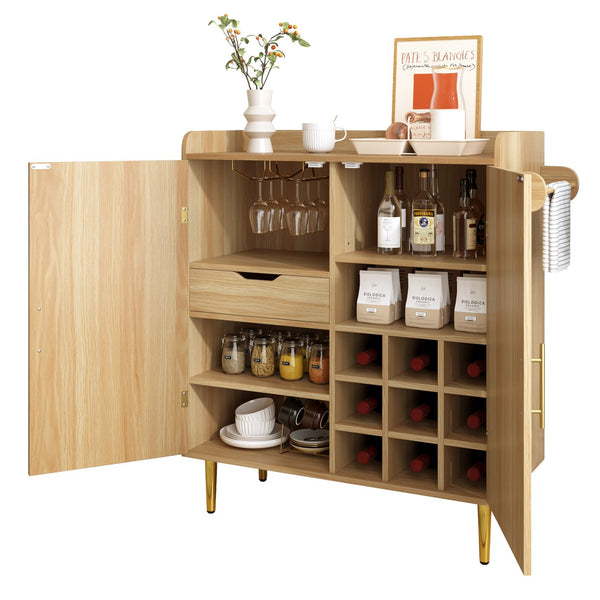 English Elm Modern Fluted Bar Cabinet with Wine Rack Glass Holders Adjustable Shelving and Hidden Drawer Natural N728P438606N