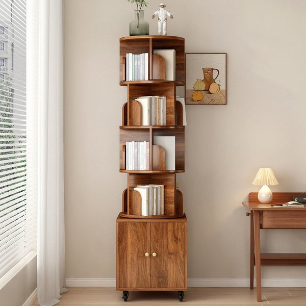 English Elm Rotating 360° Corner Bookshelf - 5-Tier Compact Storage Rack With Drawer For Small Spaces, Walnut W2641P329220-GIGA