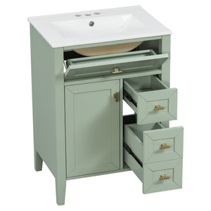 English Elm "24'' 24 Inch Glossy Freestanding Bathroom Vanity with Gold Hardware and Soft Close Storage Green Rubberwood N725P448529F