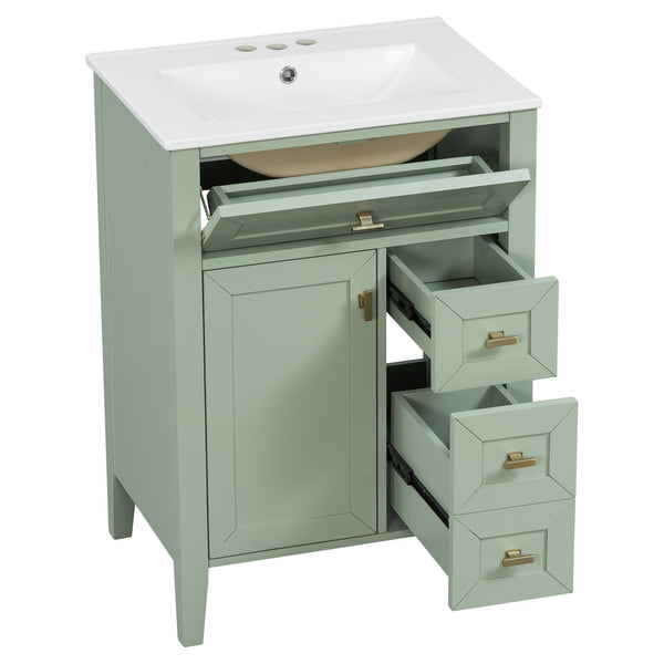 English Elm "24'' 24 Inch Glossy Freestanding Bathroom Vanity with Gold Hardware and Soft Close Storage Green Rubberwood N725P448529F