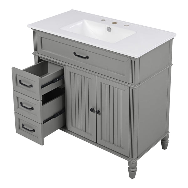 English Elm Christopher Knight Home® - 36" Bathroom Vanity with Sink - Freestanding Ceramic Top, Soft-Close Doors & Drawers, Robust Craftsmanship Grey N759P340019E