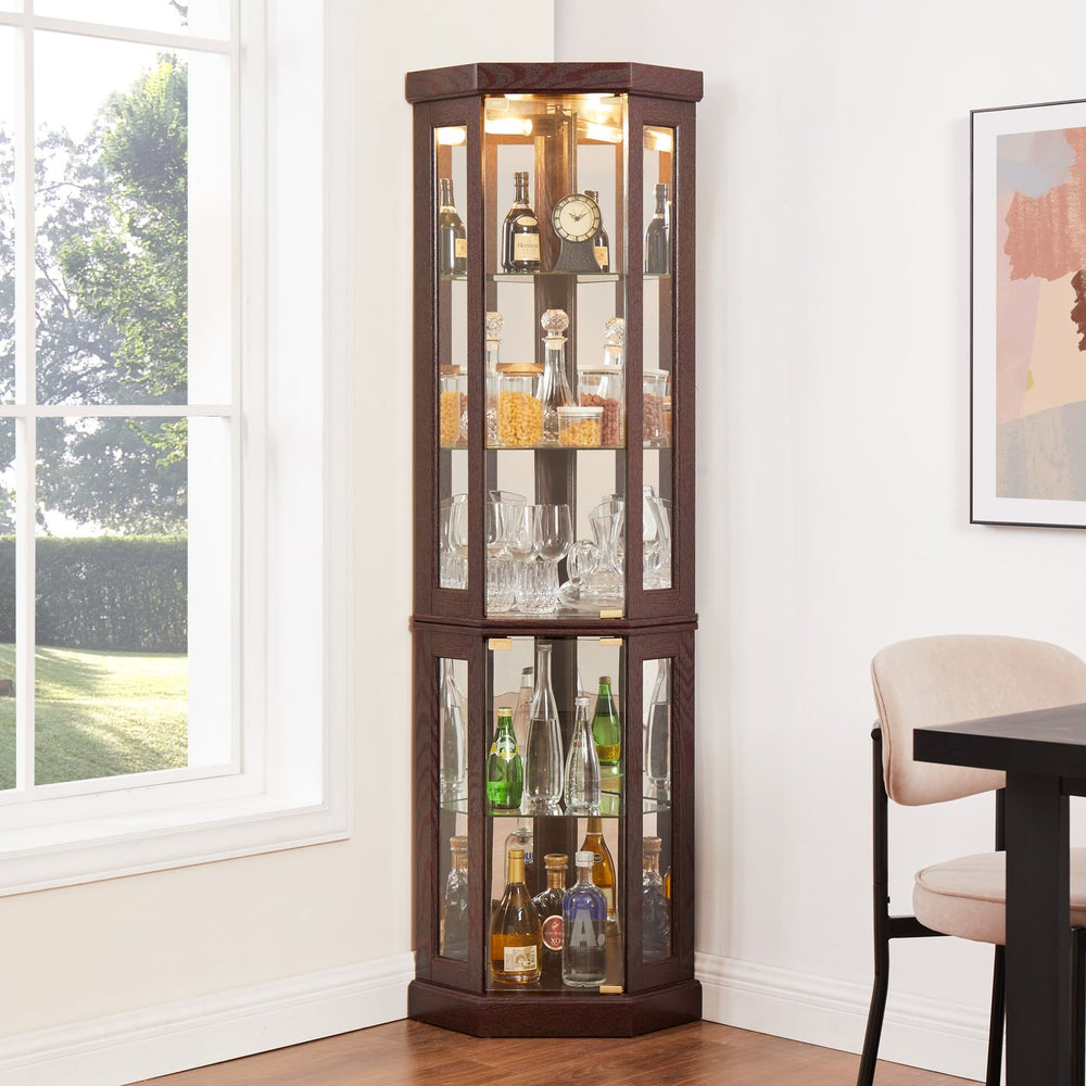 English Elm Lighted Corner Curio Cabinet - Elegant Display Case With Built-In Lighting For Collectibles & Glassware W1758P294620