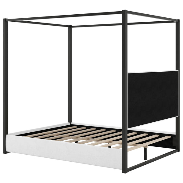 English Elm Queen Velvet Upholstered Canopy Bed White Metal 4 Poster Frame No Box Spring GX001031AAB