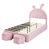 English Elm Twin Size Upholstered Rabbit-Shape Bed With 2 Storage Stools, Velvet Platform Bed With Cartoon Ears Shaped Headboard, Pink