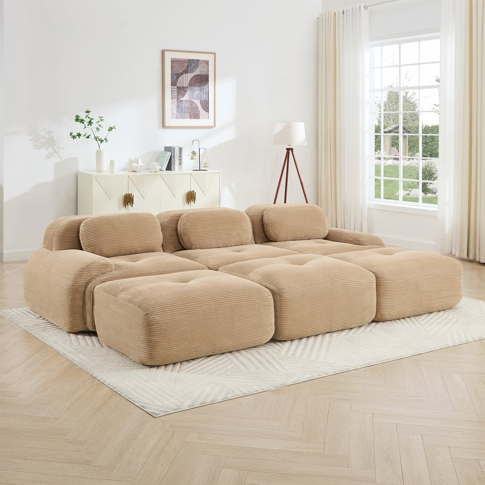 English Elm Three-seat Modular Corduroy Sectional Sofa with Ottomans for Living and Media Rooms Camel W714S01242