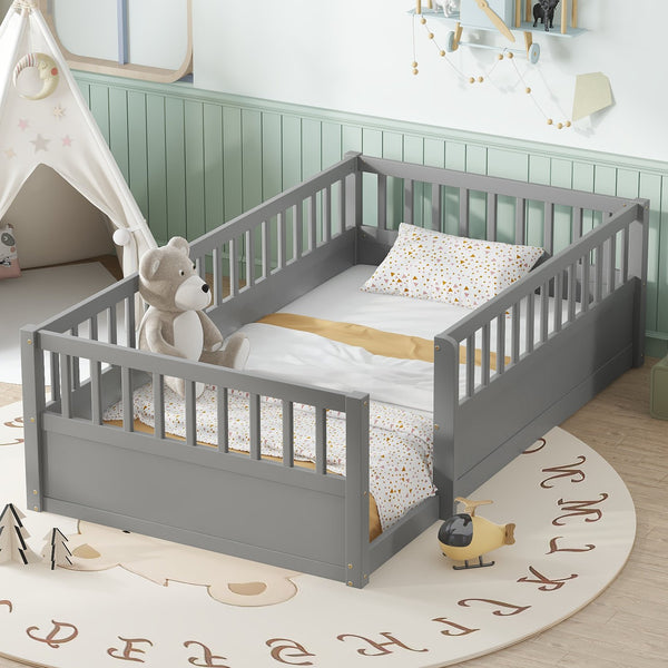 English Elm Twin Montessori Floor Bed Frame for Kids – Pine Playroom Bed with Fence for Reading & Imaginative Play Gray W1580P307881