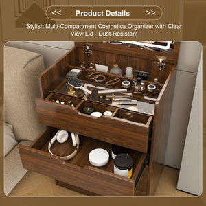 English Elm 3-in-1 Walnut Vanity Desk with Led Lighted Flip Mirror Stool Compact Bedroom Station W2699P404629