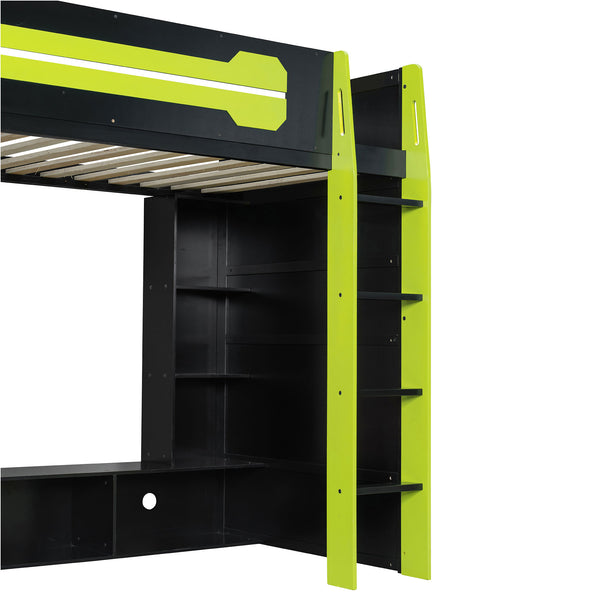 English Elm Twin Gaming Loft Bed with Desk Rgb Lighting and Multi-tier Shelves for Teen Rooms Green LT000160AAG