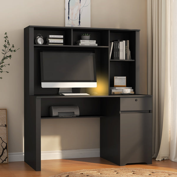 English Elm Computer Desk with Hutch Bookshelf Drawers and Built-in Power Strip for Home Office W1321S00043