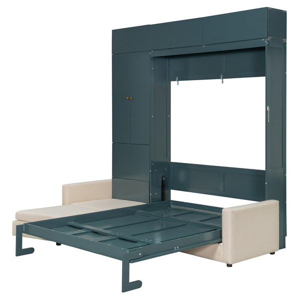 English Elm Queen Murphy Bed with L-shaped Velvet Sofa Storage Cabinets for Studio Living Green LP000765AAA-1