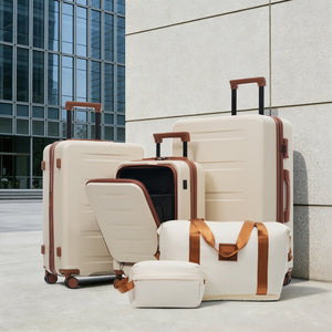 English Elm Luggage 5 Piece Hardside Abs Set with Front Access Carry on and Tsa Spinner Wheels Brown+White N732P391544K