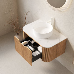 English Elm Muri Floating Bathroom Vanity Plywood Cabinet Sintered Stone Top Oak Drawer Natural Wood,White W2615S00437