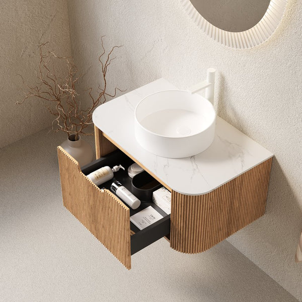 English Elm Muri Floating Bathroom Vanity Plywood Cabinet Sintered Stone Top Oak Drawer Natural Wood,White W2615S00437