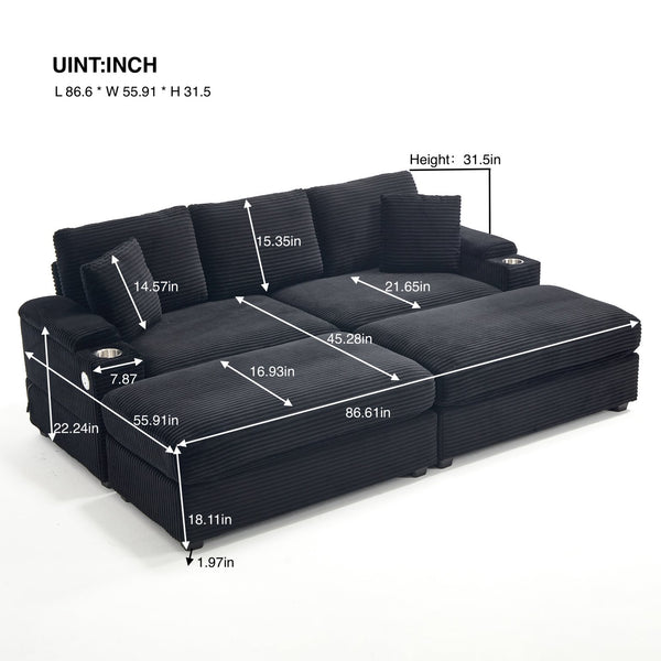 English Elm combination Modular Corduroy Sectional with Usb Charging Deep Foam Seats Black W2120S00012