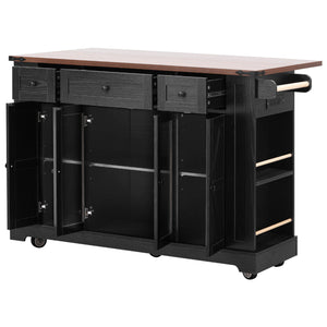 English Elm K&K 53" Farmhouse Kitchen Island with Drop Leaf, Tempered Glass Doors, Power Outlet, Rolling Cart Black N707P263637B