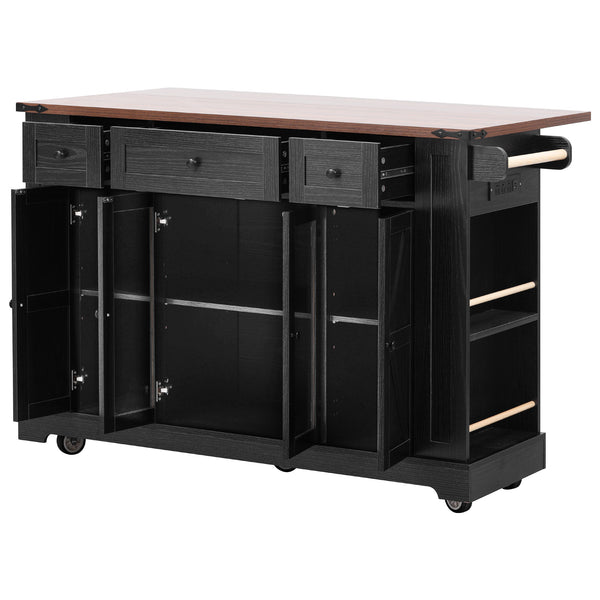 English Elm K&K 53" Farmhouse Kitchen Island with Drop Leaf, Tempered Glass Doors, Power Outlet, Rolling Cart Black N707P263637B