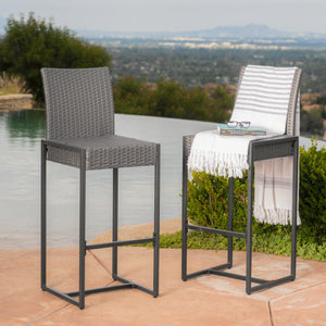 English Elm Christopher Knight Home® - CONWAY Outdoor Wicker Barstool Set of 2 – Powder-Coated Iron Frame, Weather-Resistant Poly Wicker, Stylish Grey 59002.00
