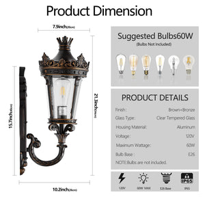 English Elm 21"(H) Vintage Outdoor Wall Lantern Coffee+Golden, Waterproof Aluminum & Clear Glass Sconce, E26 Hard-Wired Elegance for Patio Entryway Garden W2312P411862