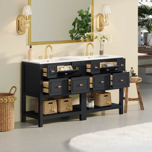 English Elm 60'' Elegant Freestanding Bathroom Vanity Set With Ceramic Sink, Solid Wood Frame & Ample Storage N710SS00004B