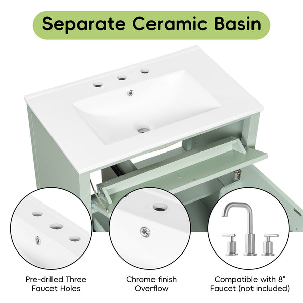 English Elm 30-Inch Contemporary Bathroom Vanity with Sink, MDF & Rubberwood, Glossy Finish, 3 Drawers + Cabinet Green N725P350819F