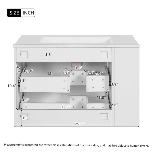 English Elm 30'' Wall Mounted Bathroom Vanity with Ceramic Sink, Floating MDF Cabinet, Soft-Close Drawers & Ample Storage White N710P334915K