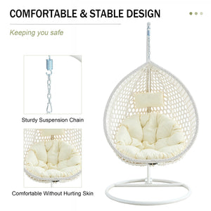 English Elm 76.8-inch Hand Woven Rattan Egg Swing Chair Indoor Outdoor with Cushion Lumbar Pillow White W1512P498593