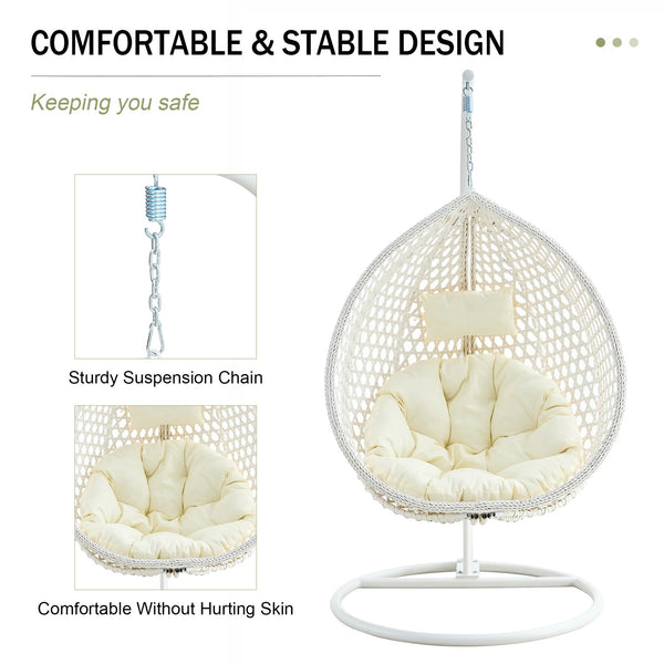 English Elm 76.8-inch Hand Woven Rattan Egg Swing Chair Indoor Outdoor with Cushion Lumbar Pillow White W1512P498593