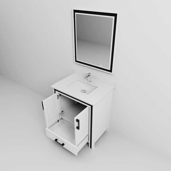English Elm White Bath Vanity 30" W x 22" D with Cultured Marble Top, Chrome Faucet & 28" Mirror, Scratch‑Resistant B2731S01354