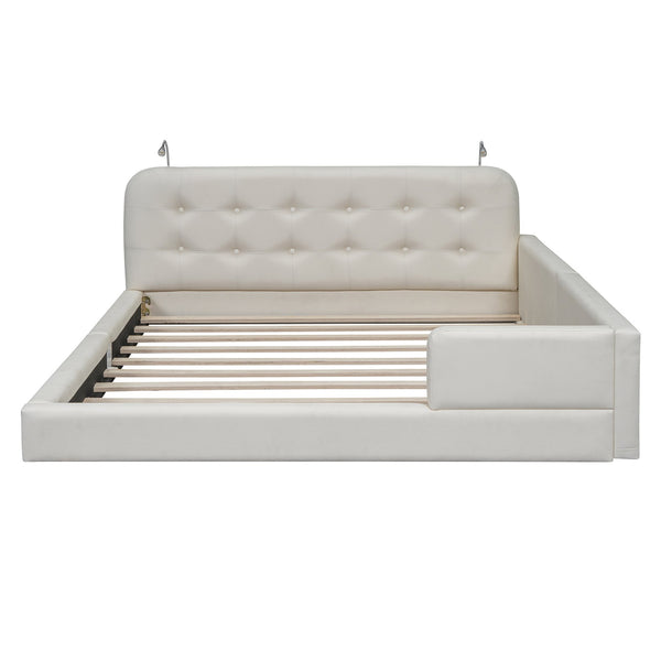 English Elm Queen PU Leather Upholstered Platform Bed with Built-In Dual Reading Lights and Sturdy 600lb Capacity White SF000186AAK