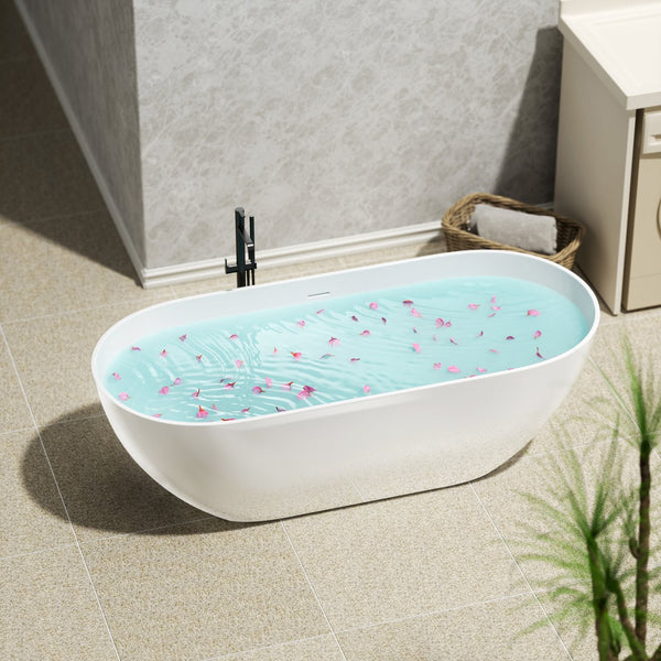 English Elm 63" Oval Freestanding Soaking Tub Solid Surface Resin Spa Bathtub Glossy White W1920P389662
