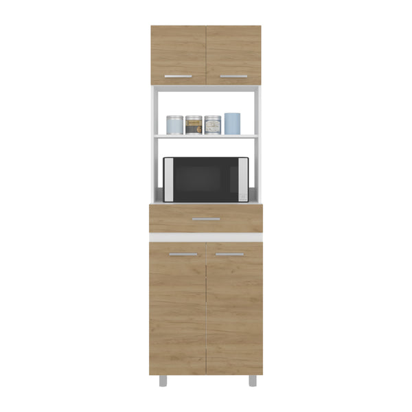 English Elm Lakeridge Pantry Cabinet with White & Macadamia Finish — 4 Doors, 2 Drawers, Open Shelf Storage B092P315581