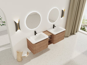 English Elm 68'' Wall-Mounted Bathroom Vanity with White Ceramic Sink, Plywood Shelves, Soft-Close Door Elegance W999S00382