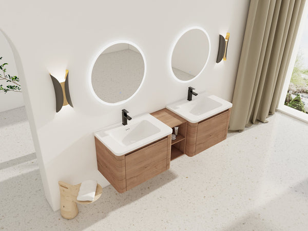 English Elm 68'' Wall-Mounted Bathroom Vanity with White Ceramic Sink, Plywood Shelves, Soft-Close Door Elegance W999S00382