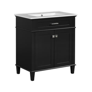 English Elm 30-inch bathroom vanity with ceramic basin, solid wood frame, soft-close doors and adjustable shelves for organized style and lasting durability Black N729P173380B