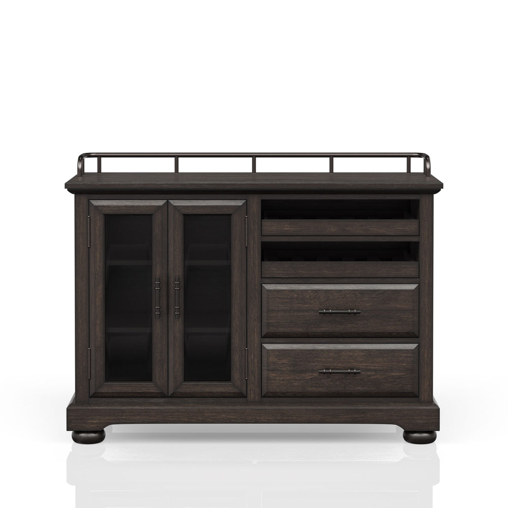 English Elm Deep Coffee Sever Solid Wood & MDF Server Cabinet with Glass Doors, Metal Accents, 2 Shelves, 2 Drawers, Coffee Finish B2699P208297