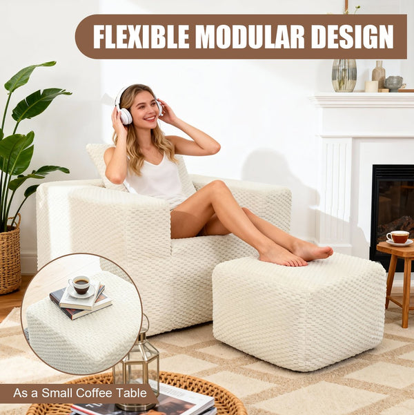 English Elm Boneless Corduroy Lounge Chair with Ottoman High Back Accent Pillow No Assembly White W5385P433282