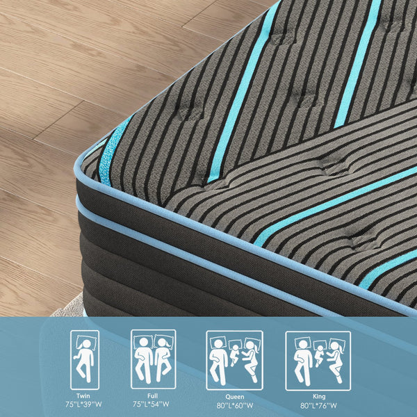 English Elm Twin Hybrid Mattress 10 Inch Pocketed Coil Memory Foam Medium Firm Sleep Support Black+Blue W2889P423130