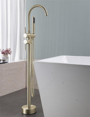 English Elm Floor Mount freestanding bathtub faucet with matte black finish, high-flow single-handle tub filler with handheld shower and 360° swivel spout, durable stainless steel and brass construction Brushed Gold T3177P277534